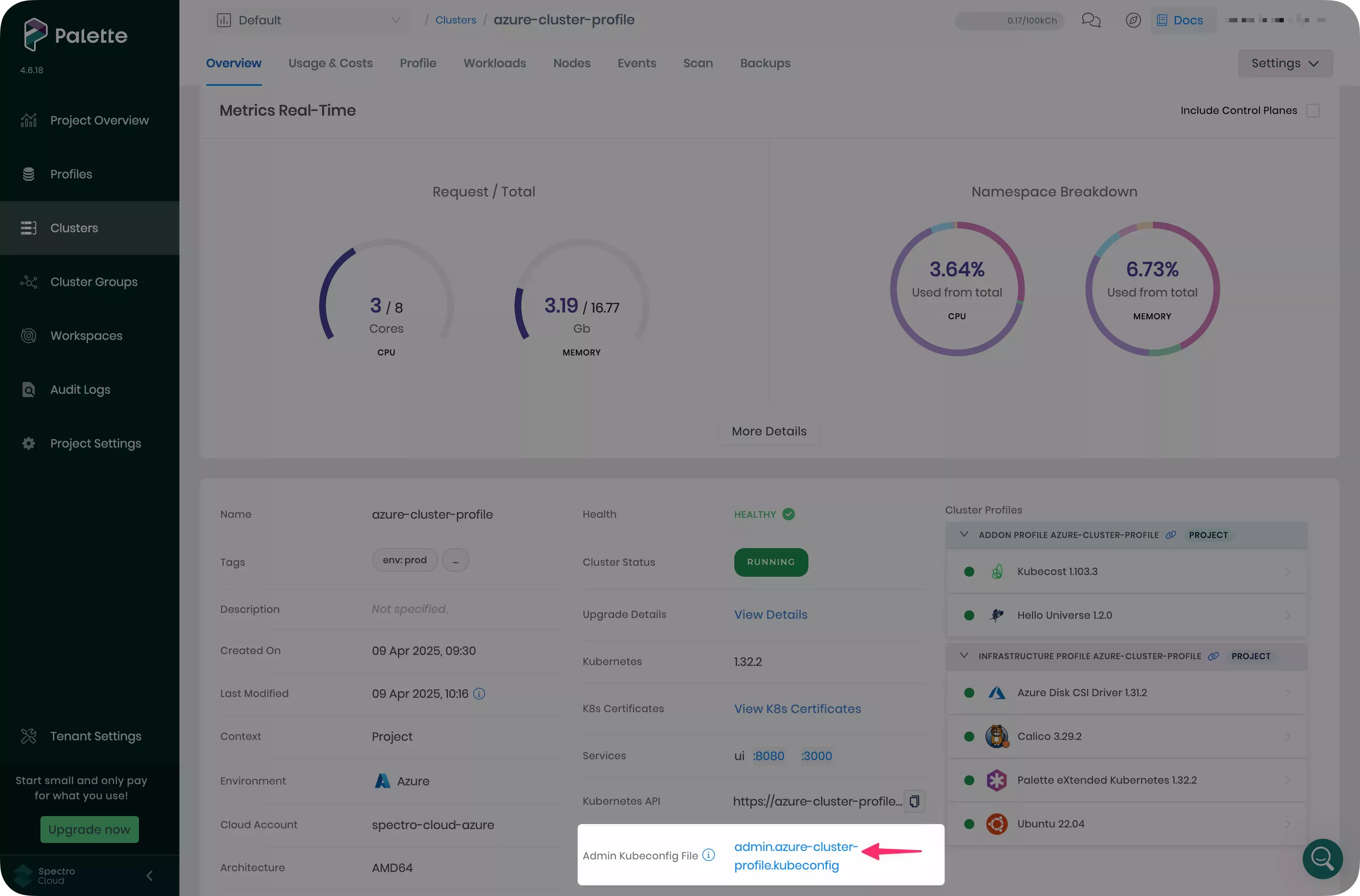 Image that shows the new cluster profile with Kubecost functional.