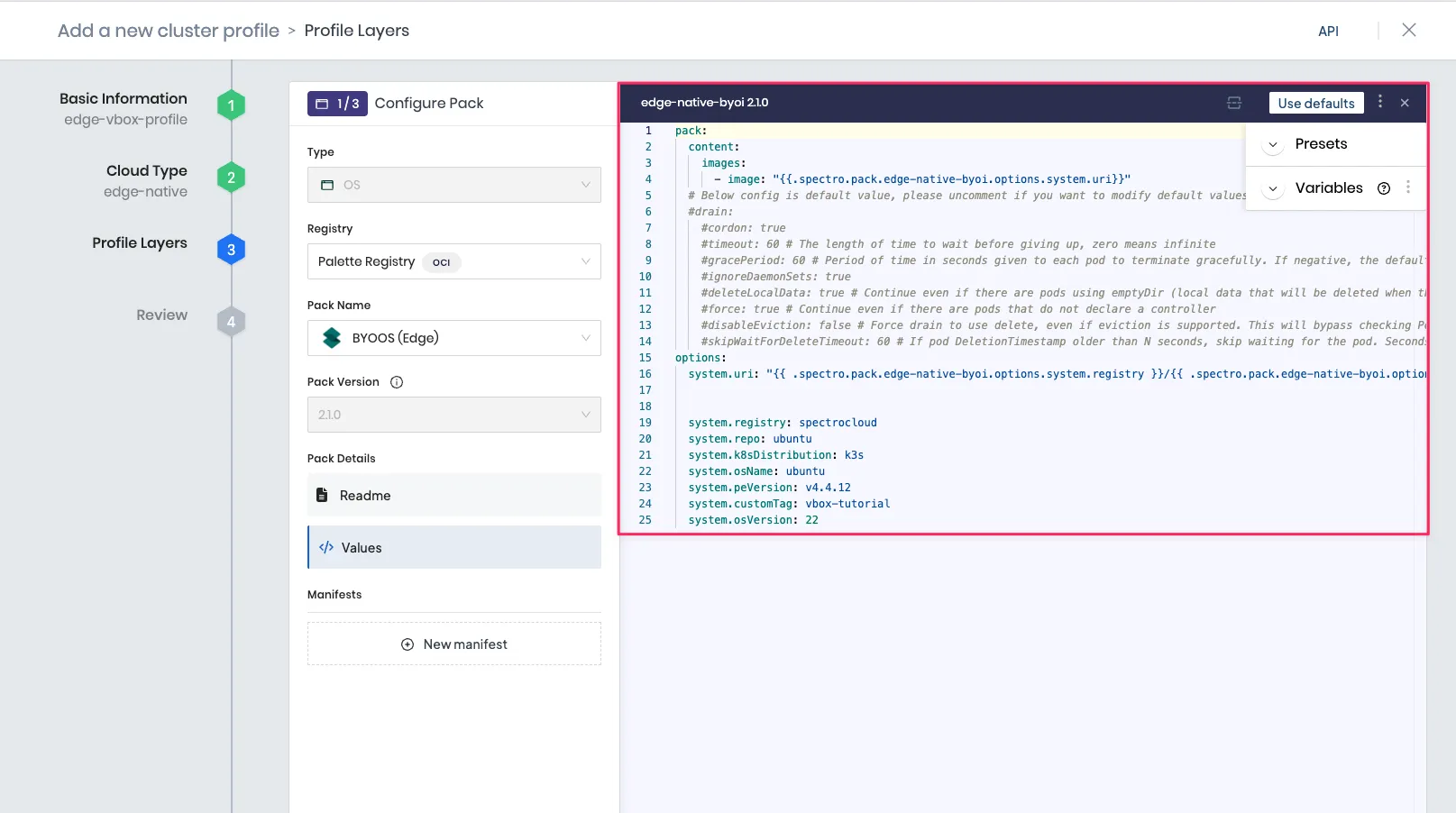 A screenshot of the cluster profile creation step with the OS layer.