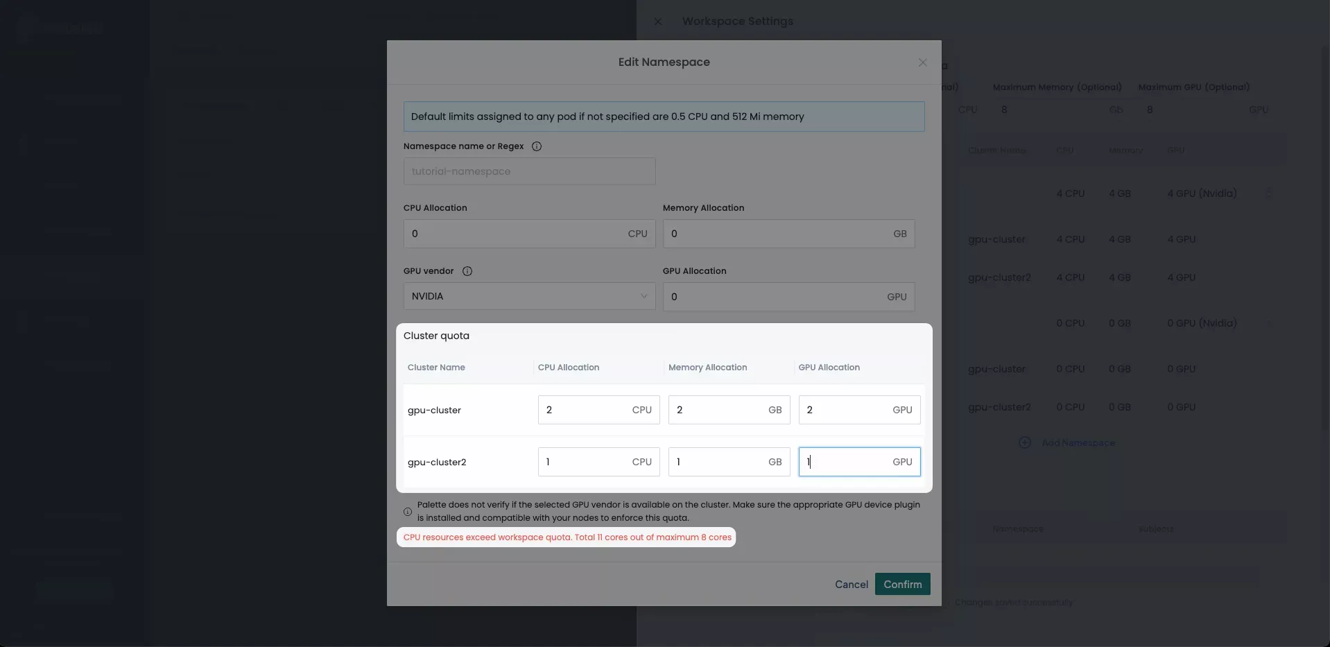Workspace Settings pane displaying Workspace Quota section with values over quota